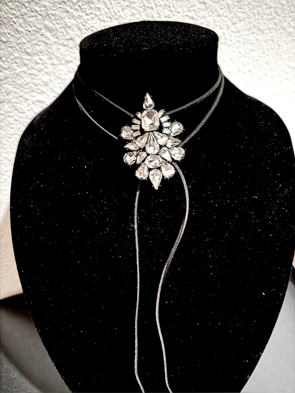 One of a Kind oversized chocker necklace rhinestones crystals 3D, leather chord